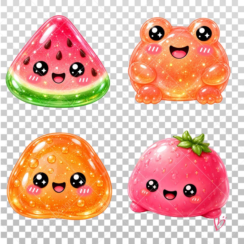 May include: Four glossy, translucent, jelly-like figures with smiling faces and large black eyes. The set includes a triangular watermelon slice, an orange frog, a rounded orange shape with bubbles, and a pink strawberry-shaped character.
