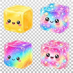 May include: Four translucent, glossy cube-shaped figures with rounded edges. One is solid yellow, while the others feature vibrant rainbow gradients, glittery textures, and small star or heart shapes. Each cube displays a smiling face with large black eyes.