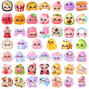150 high-quality PNG clipart designs featuring cute squishy characters, glitter dumplings, jelly shapes, gummy-style animals, boba tea, fruits, desserts, rainbow stars, hearts and playful pastel characters.