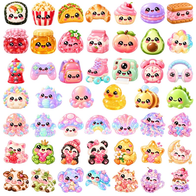 150 high-quality PNG clipart designs featuring cute squishy characters, glitter dumplings, jelly shapes, gummy-style animals, boba tea, fruits, desserts, rainbow stars, hearts and playful pastel characters.