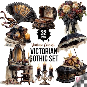 May include: A collection of vintage Victorian Gothic clipart elements. Includes a fan, jewelry box, bouquet, parasol, vanity, candelabra, and more. The image has the text "Vintage Clipart Victorian Gothic Set" and "32 PNG".