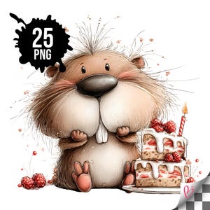 May include: A whimsical illustration of a cartoon beaver with a birthday cake. The beaver is brown with large cheeks and a big nose. A two-tiered cake with strawberries and a lit candle sits beside the beaver. The image includes the text "25 PNG".
