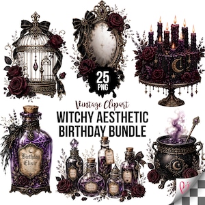 May include: A digital collection of 25 PNG images featuring a birdcage, an ornate mirror, a cake with candles, and various glass potion bottles with labels like Birthday Elixir, Witch Brew, and Love Potion, all decorated with dark red roses.