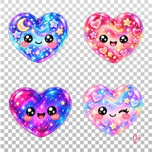 May include: Four glossy heart-shaped illustrations with kawaii faces. The top left is blue with a crescent moon and stars. The top right is pink with small hearts. The bottom left is purple and blue with stars. The bottom right is pastel with a winking face.