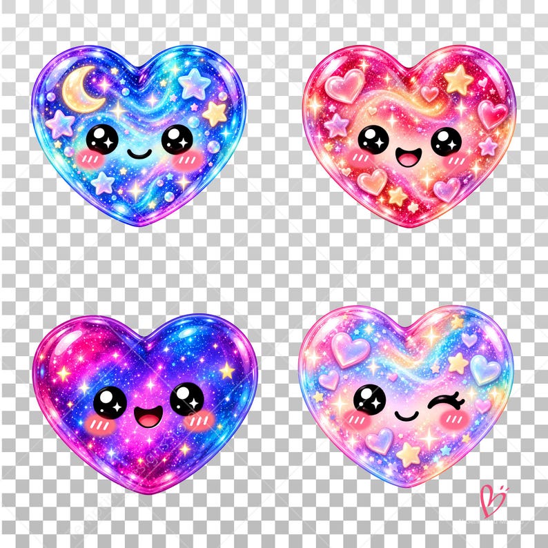 May include: Four glossy heart-shaped illustrations with kawaii faces. The top left is blue with a crescent moon and stars. The top right is pink with small hearts. The bottom left is purple and blue with stars. The bottom right is pastel with a winking face.