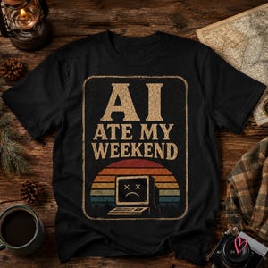 May include: A black short-sleeved t-shirt featuring a rectangular graphic with the text AI ATE MY WEEKEND in a distressed font. Below the text is a retro-style sunset graphic and a line drawing of a computer monitor with a sad face icon.