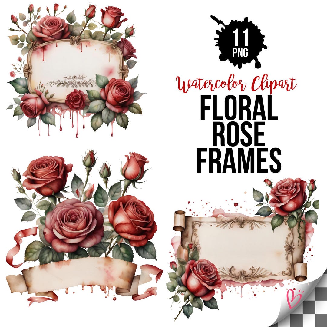Vintage Floral Rose Frames Clipart, Watercolor Wedding Elements (11 PNG ...
