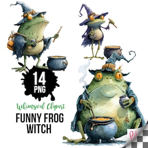Könnte beinhalten: Ein digitales Illustrationsset mit grünen Fröschen als Hexen verkleidet, die spitze Hüte tragen, Zauberstäbe und kleine Töpfe halten, mit dem Text 14 PNG Whimsical Clipart FUNNY FROG WITCH. Die Frösche haben große orangefarbene Augen und blaue Umhänge.