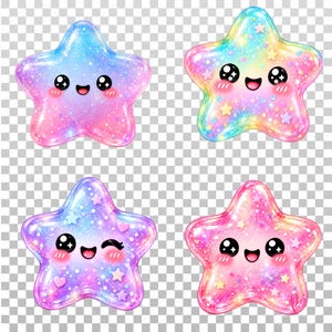 May include: Four star-shaped illustrations with glossy, translucent surfaces in shades of pink, blue, and yellow. Each star features a smiling face with large black eyes, rosy cheeks, and a glittery finish with small star-shaped accents.