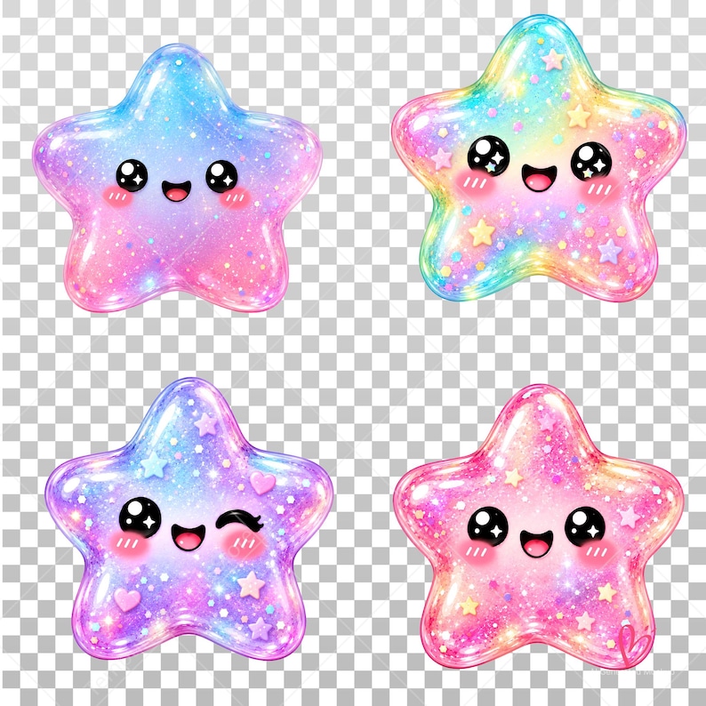 May include: Four star-shaped illustrations with glossy, translucent surfaces in shades of pink, blue, and yellow. Each star features a smiling face with large black eyes, rosy cheeks, and a glittery finish with small star-shaped accents.
