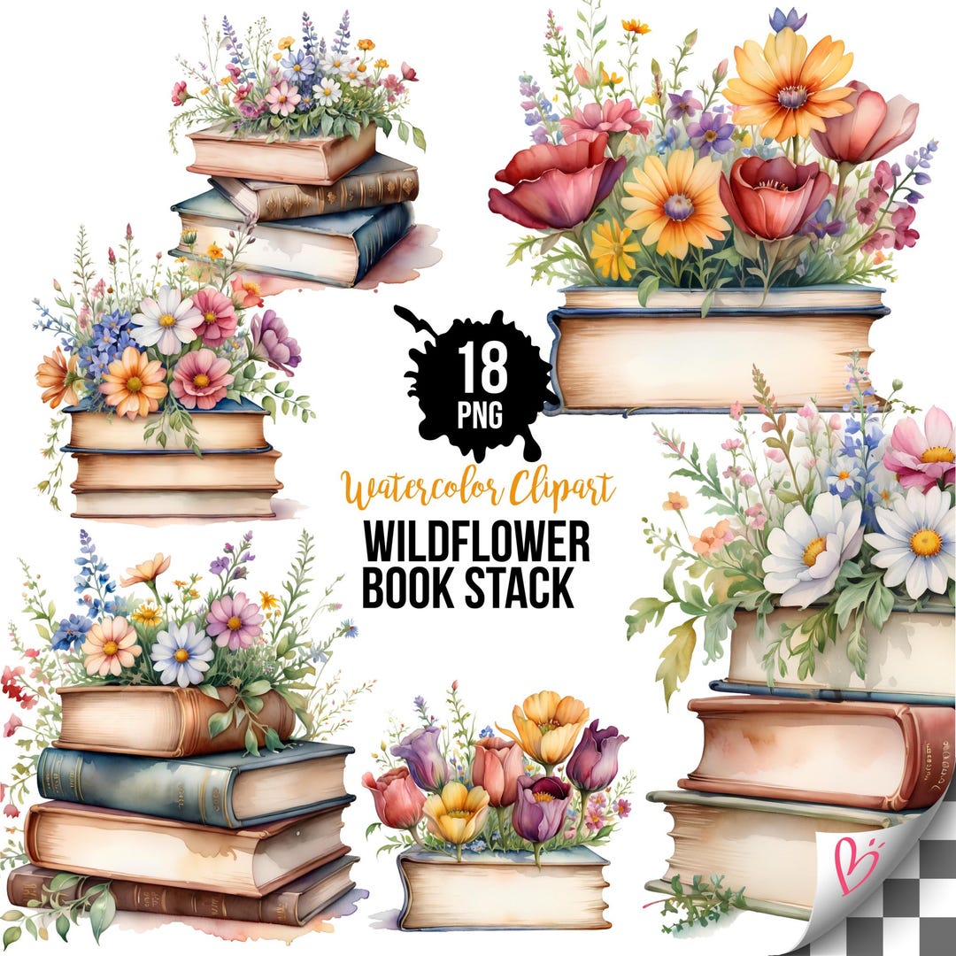 Wildflower Book Stack Clipart PNG Bundle, Watercolor Floral Books Clip ...