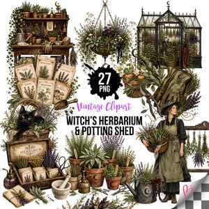 Pode incluir: Uma coleção digital de 27 imagens PNG com o tema de herbário e abrigo de jardim de bruxa. Os elementos incluem uma bancada de madeira, uma estufa, ervas em vasos, um gato preto, ferramentas de jardinagem e uma pessoa com avental.