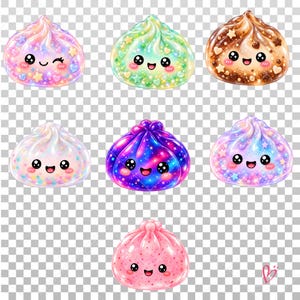 May include: A collection of seven rounded, glossy, dumpling-shaped characters with smiling faces. Each features unique textures including iridescent sparkles, pastel gradients, deep space purple, chocolate brown, and soft pink speckles.