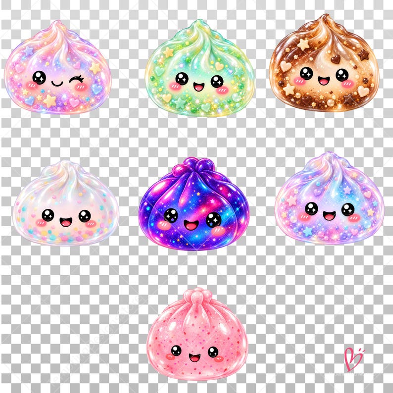 May include: A collection of seven rounded, glossy, dumpling-shaped characters with smiling faces. Each features unique textures including iridescent sparkles, pastel gradients, deep space purple, chocolate brown, and soft pink speckles.