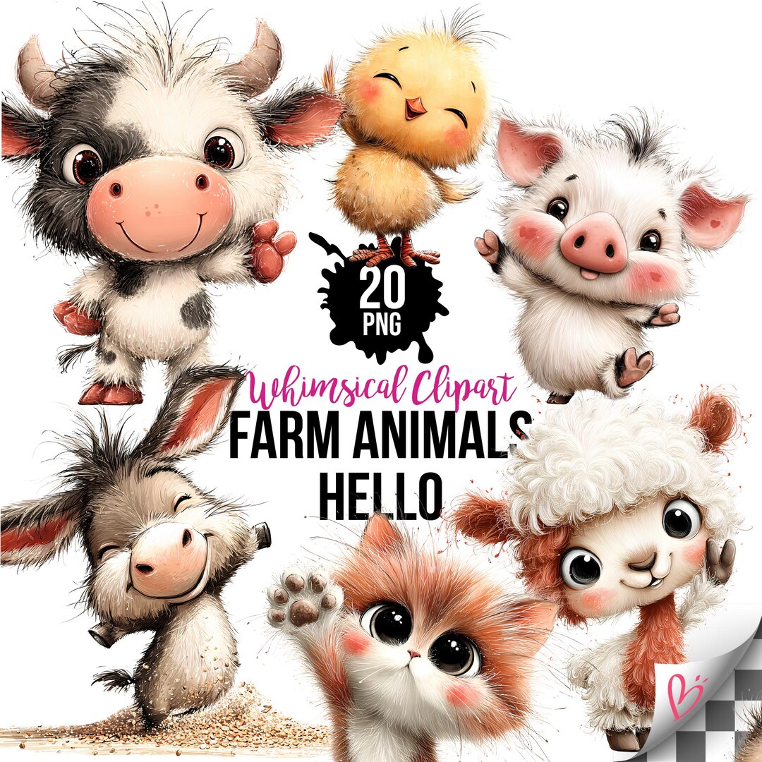 Cute Farm Animals Clipart PNG - Hello Baby Farm Animals Bundle, Kawaii ...