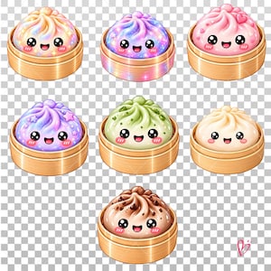 May include: Seven individual steamed buns, each featuring a unique color and pattern, are presented in small bamboo steamer baskets. Each bun has a smiling face with large black eyes, rosy cheeks, and a small mouth, arranged in a grid.