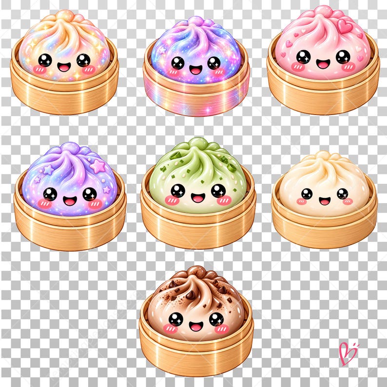 May include: Seven individual steamed buns, each featuring a unique color and pattern, are presented in small bamboo steamer baskets. Each bun has a smiling face with large black eyes, rosy cheeks, and a small mouth, arranged in a grid.