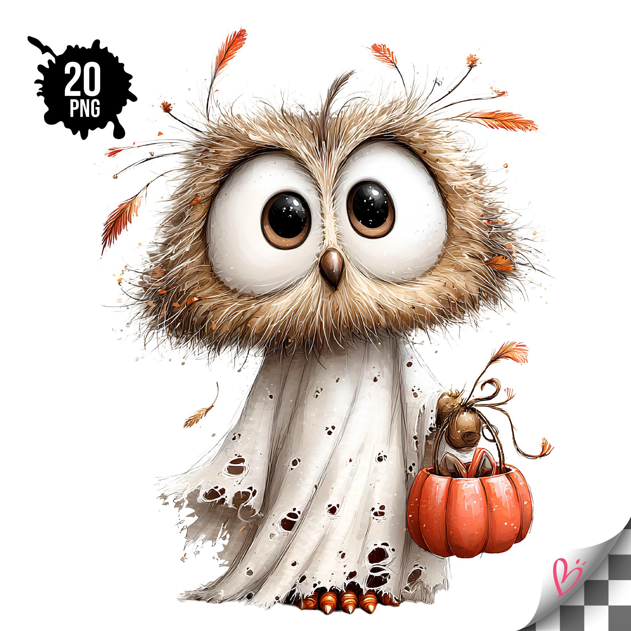 Ghost Owl Halloween PNG Bundle, Cute Kawaii Owl Clipart, Spooky Halloween Owl PNG, Pumpkin Owl Graph