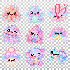 May include: A collection of nine glittery, pastel-colored cartoon characters including an octopus, dragon, seashell with a heart, jellyfish, squid holding a heart, rainbow, mushroom, elephant holding a star, and a sea turtle with a starfish.