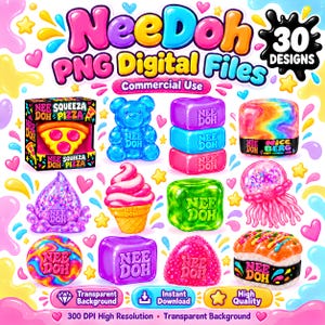 Può includere: Una collezione digitale di 30 file PNG NeeDoh con vari design di giocattoli morbidi, tra cui una fetta di pizza in scatola, un orsetto blu, cubi colorati, una sfera vorticosa, un cono gelato, una medusa e pezzi di sushi con logo.