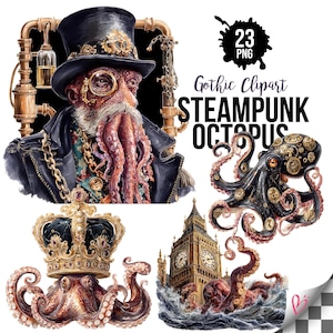Peut inclure: Un ensemble d'illustrations numériques montrant un poulpe steampunk avec un haut-de-forme et un monocle, un second poulpe orné d'engrenages dorés, un troisième portant une couronne ornée de bijoux et un poulpe émergeant près de Big Ben.