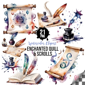 May include: A collection of watercolor clipart featuring scrolls, quills, ink bottles, and an open book with magical symbols. The text reads 21 PNG Watercolor Clipart ENCHANTED QUILL & SCROLLS. The illustrations include colorful ink splatters and stars.