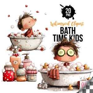 May include: Whimsical clipart featuring two children enjoying bath time. One child is in a tub of bubbles, and the other has cucumber slices over their eyes. The image includes bath products and rubber duckies.