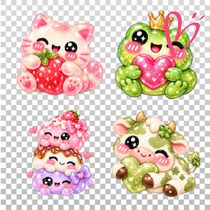May include: A set of four illustrations featuring a pink cat holding a strawberry, a green frog with a gold crown holding a pink heart, a stack of three colorful desserts with bows, and a white and green cow holding a green heart.