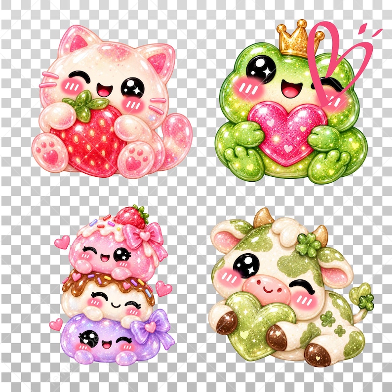 May include: A set of four illustrations featuring a pink cat holding a strawberry, a green frog with a gold crown holding a pink heart, a stack of three colorful desserts with bows, and a white and green cow holding a green heart.