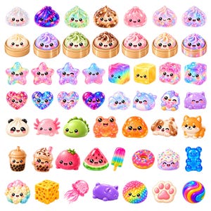 Kawaii clipart bundle with 150 cute squishy PNG characters including glitter dumplings, jelly cubes, gummy animals, boba tea, strawberries, rainbow stars and pastel food.