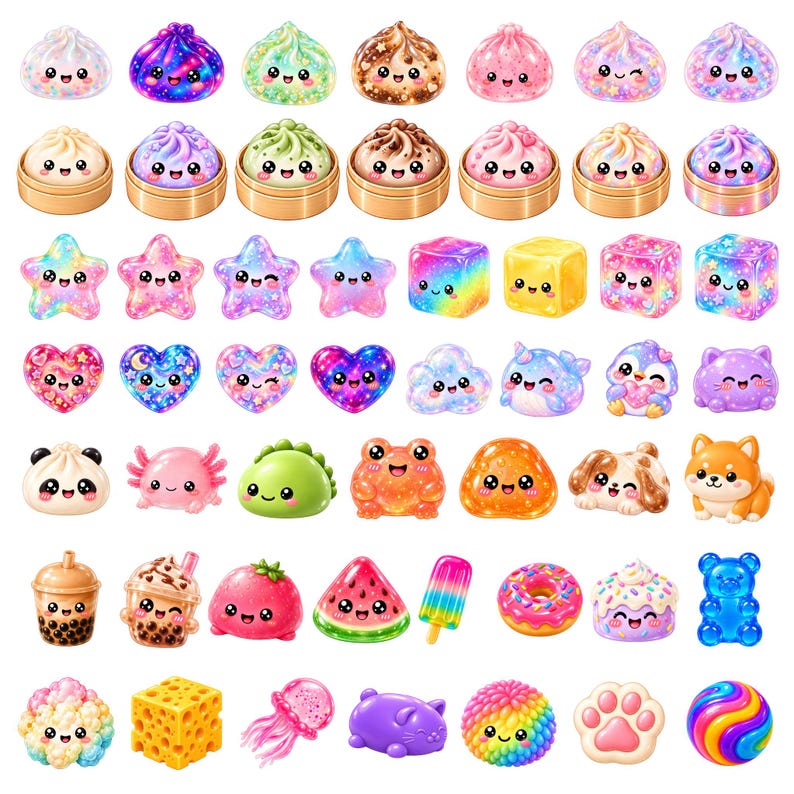 Kawaii clipart bundle with 150 cute squishy PNG characters including glitter dumplings, jelly cubes, gummy animals, boba tea, strawberries, rainbow stars and pastel food.