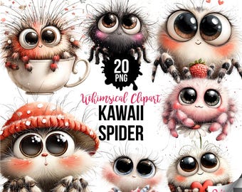 20 PNG Kawaii Jumping Spider Clipart PNG Bundle —Cute Fluffy Spider Watercolor Graphics for Sublimation, Stickers, Digital Download