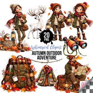 May include: A collection of autumn-themed digital illustrations featuring characters in winter clothing, a white deer, a backpack, binoculars, a jacket, and lanterns. The text reads 20 PNG Whimsical Clipart AUTUMN OUTDOOR ADVENTURE.