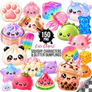 Pacchetto di clipart Squishy, ​​PNG di gnocchi glitterati, simpatici personaggi gelatinosi, animali gommosi, bubble tea, grafica 3D pastello, 150 PNG