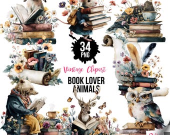Op de afbeelding: Een digitale collectie van 34 PNG-bestanden met aquarelillustraties van dieren met boeken en bloemen. De set bevat een konijn, muis, eend, beer, hert en uil, allemaal omringd door kleurrijke bloemstukken en stapels boeken.