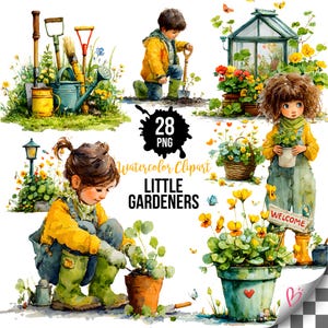 Op de afbeelding: Watercolor clipart set met kinderen die tuinieren. De afbeeldingen bevatten kinderen in gele jassen en groene laarzen, tuingereedschap, potplanten, een kas en de tekst "Little Gardeners". De set bevat 28 PNG-afbeeldingen.
