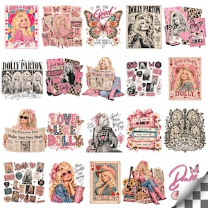 May include: A collection of twenty distinct graphic designs featuring Dolly Parton, including illustrations of her, playing cards, cassette tapes, butterflies, cowboy boots, and newspapers with text like Queen of Hearts, Be the Good, and In Dolly We Trust.
