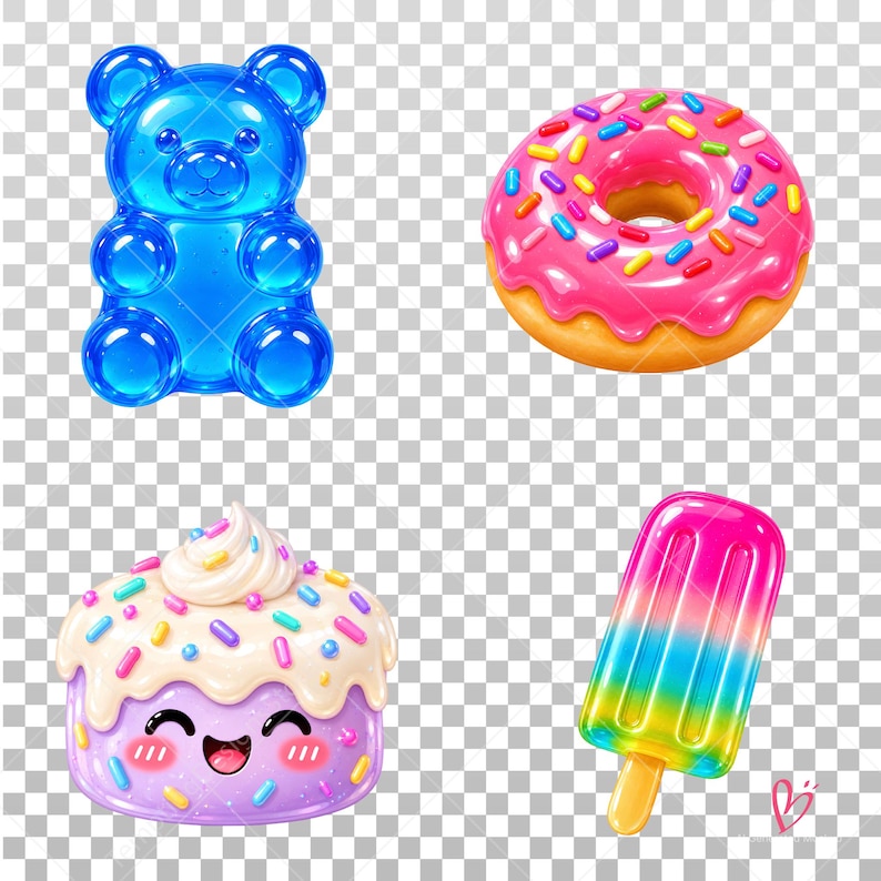 May include: A collection of four colorful treats including a translucent blue gummy bear, a pink frosted donut with multi-colored sprinkles, a purple cupcake with white frosting and sprinkles, and a rainbow-colored popsicle on a stick.