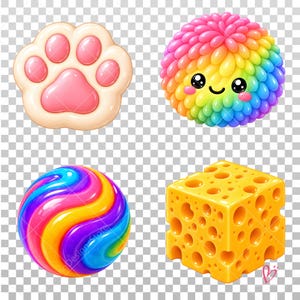 May include: A set of four icons featuring a glossy cream-colored paw print with pink pads, a rainbow-colored textured pom-pom with a smiling face, a multi-colored swirled marble sphere, and a yellow cube of Swiss cheese with visible holes.