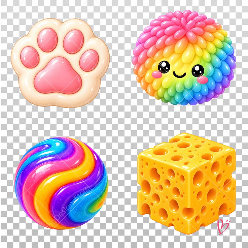 May include: A set of four icons featuring a glossy cream-colored paw print with pink pads, a rainbow-colored textured pom-pom with a smiling face, a multi-colored swirled marble sphere, and a yellow cube of Swiss cheese with visible holes.
