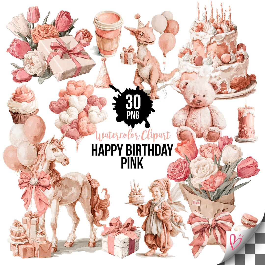 Pink Happy Birthday Clipart Bundle PNG | Girl Birthday Party ...
