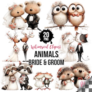 Può includere: Una collezione di clipart di animali sposi stravaganti. L'immagine presenta vari animali, tra cui orsi, gufi, cervi, gatti, procioni, rane e ricci, vestiti con abiti da sposi. È incluso anche il testo "Whimsical Clipart ANIMALS BRIDE & GROOM".