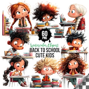 May include: A collection of 60 PNG watercolor clipart illustrations featuring diverse children in school settings with books, pencils, and desks. The text reads 60 PNG Watercolor Clipart BACK TO SCHOOL CUTE KIDS with a stylized letter B logo.