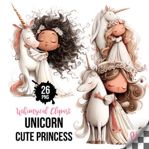 May include: Digital clipart of unicorns and princesses. The illustrations show girls in white dresses embracing unicorns, with floral details and a soft colour scheme. The image includes the text "Whimsical Clipart UNICORN CUTE PRINCESS".