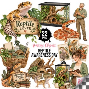 Op de afbeelding: Een verzameling digitale clipart met luipaardgekko's, een rattenslang, een baardagaam, terraria, een rieten mand met benodigdheden en mensen, met de tekst Reptile Lover en Adventure Comes in Scales.
