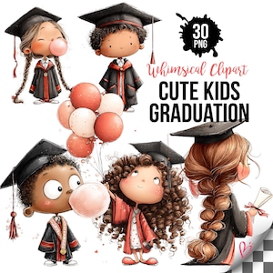 May include: Whimsical clipart featuring illustrations of children in graduation attire. The children are wearing black graduation caps and gowns with red accents. Some are blowing bubbles and holding balloons. The text "Cute Kids Graduation" is also included.