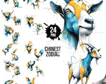Chinese Zodiac Animals Clipart Bundle – Watercolor Horoscope Animal Set, Printable Zodiac Graphics (24 PNG)