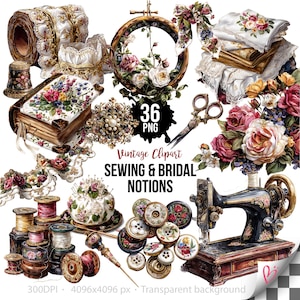 May include: A collection of 36 PNG vintage sewing and bridal notions clipart featuring a sewing machine, spools of thread, floral embroidery hoops, lace trim, buttons, scissors, a pincushion, and a book with floral illustrations on the cover.