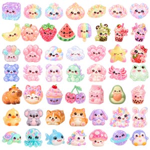 150 high-quality PNG clipart designs featuring cute squishy characters, glitter dumplings, jelly shapes, gummy-style animals, boba tea, fruits, desserts, rainbow stars, hearts and playful pastel characters.