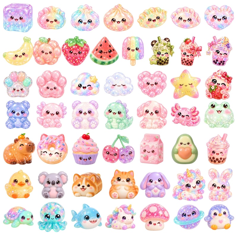 150 high-quality PNG clipart designs featuring cute squishy characters, glitter dumplings, jelly shapes, gummy-style animals, boba tea, fruits, desserts, rainbow stars, hearts and playful pastel characters.